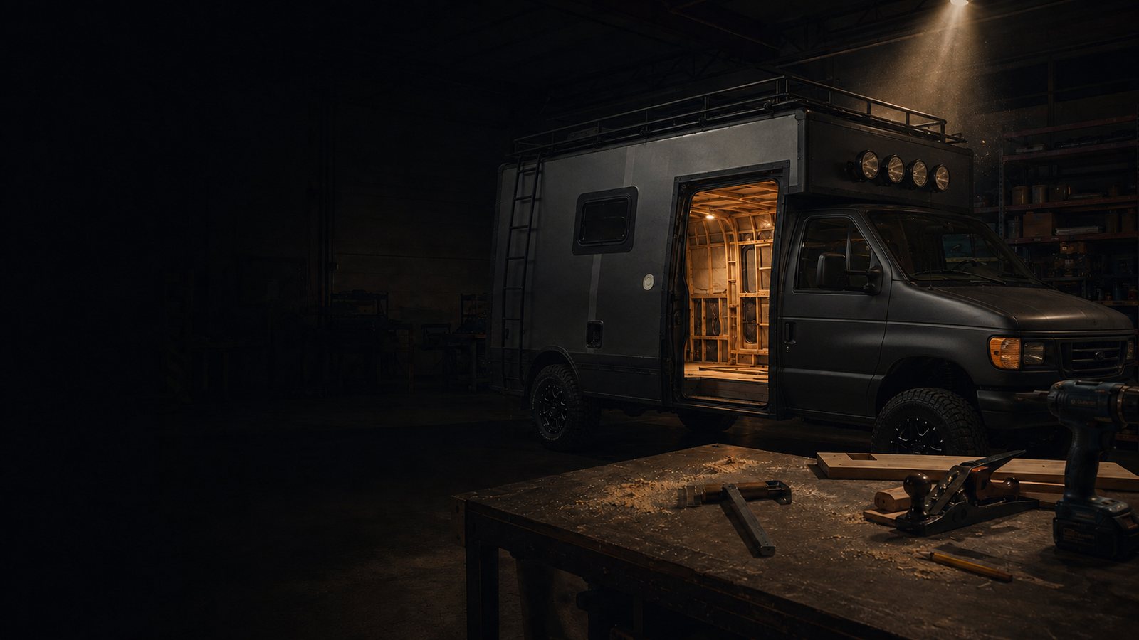 A van mid-build in the shop at night, framing visible through the open door, tools on the bench