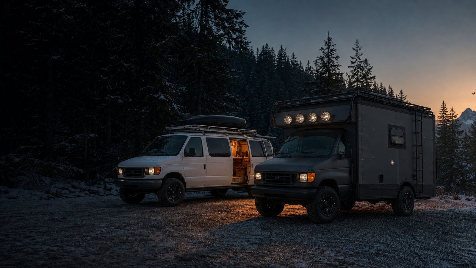 Both SimmVan rigs parked side by side at dusk in a snowy forest clearing