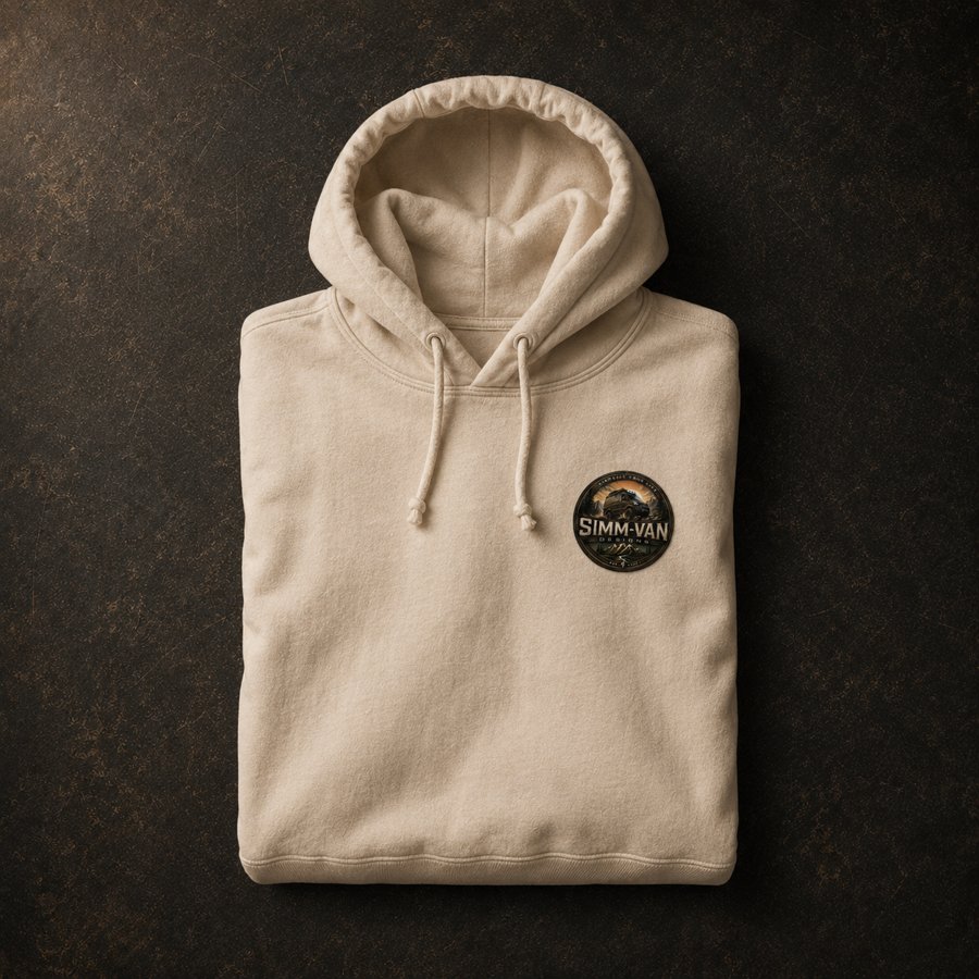 Cream Ski-Lot Hoodie folded with the Simm-Van badge patch