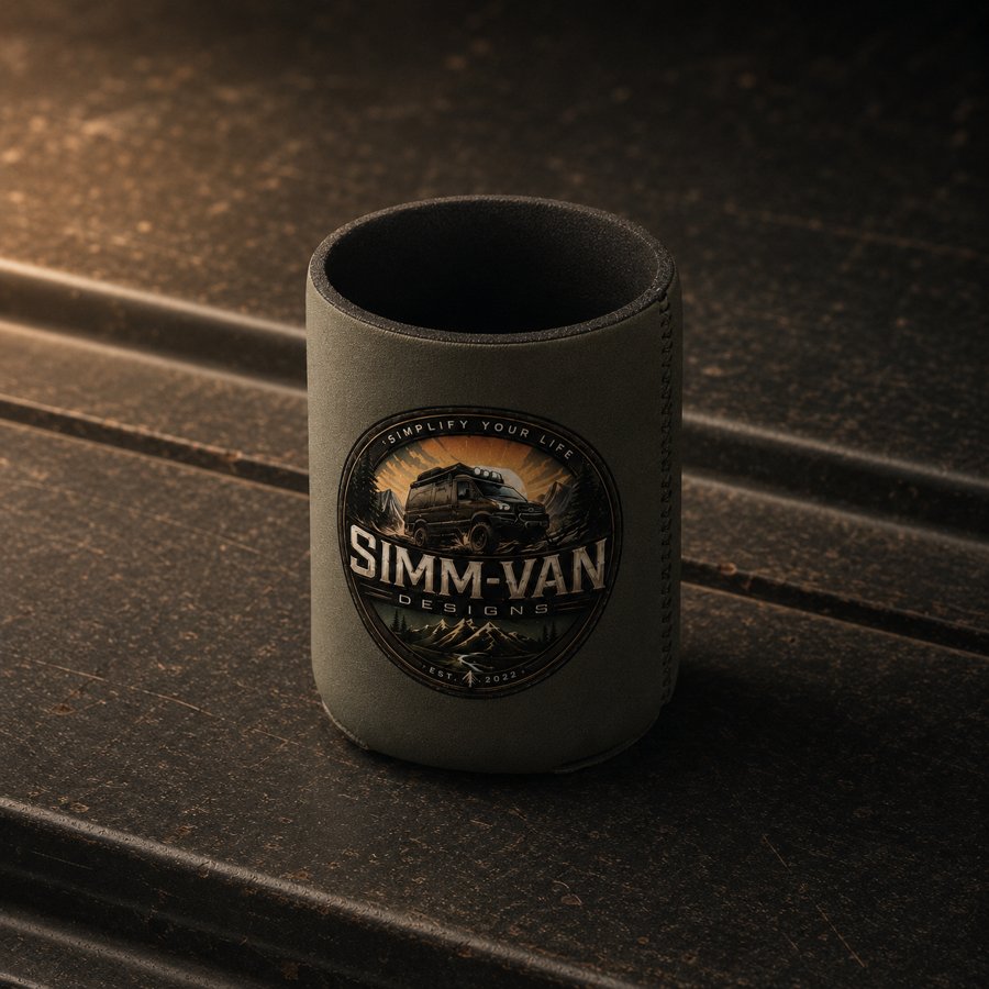 Dark olive can koozie with the Simm-Van badge on a van tailgate