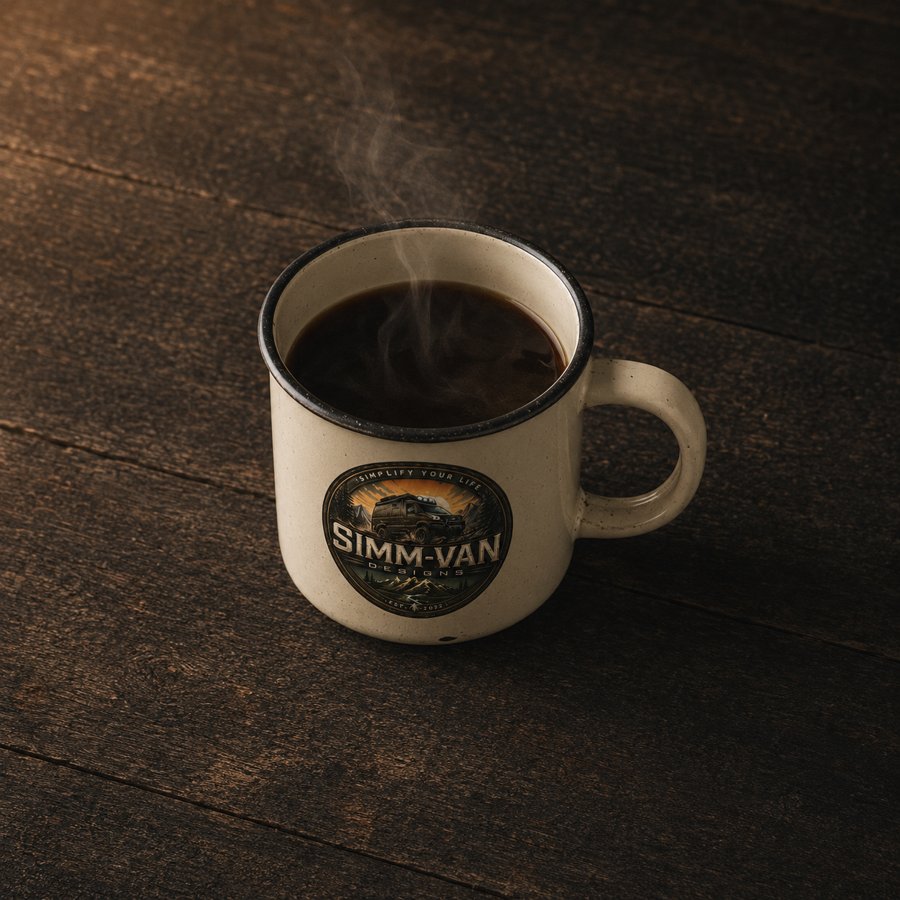 Enamel camp mug with the Simm-Van badge, coffee steaming