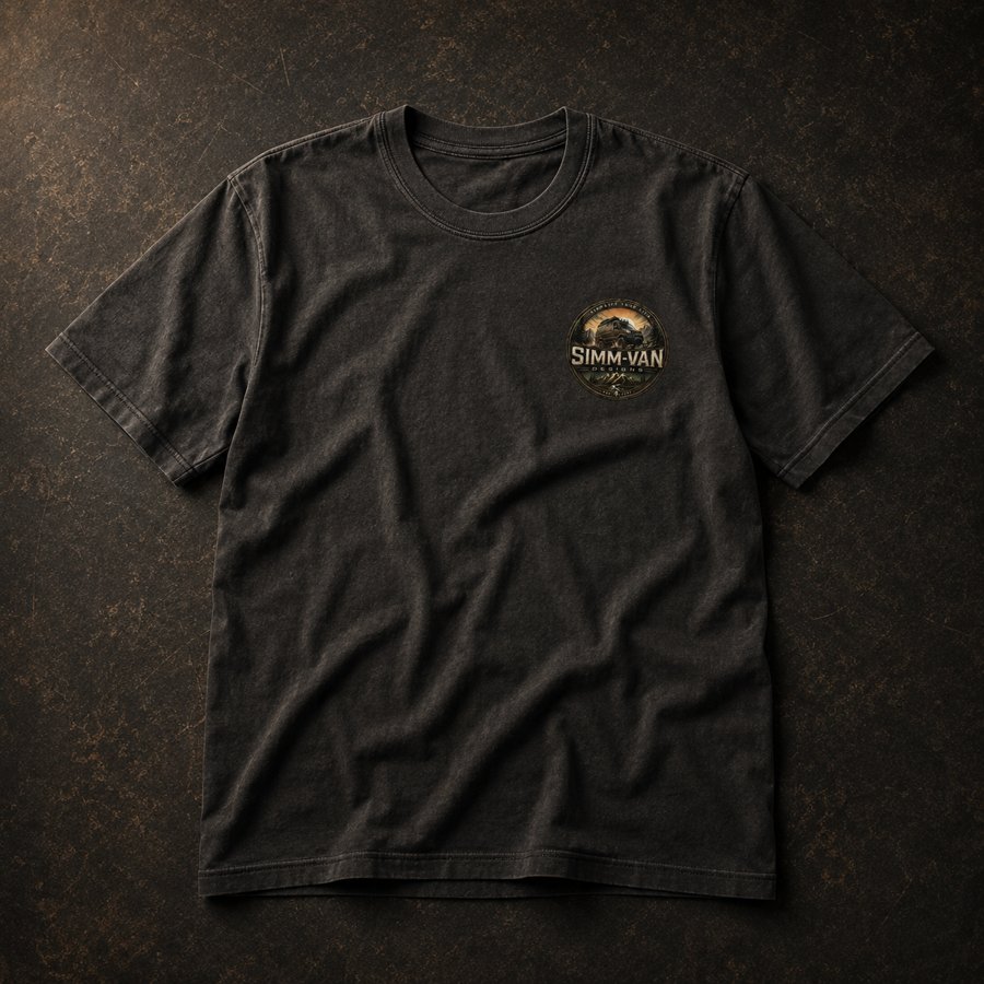 Faded black tee with the Simm-Van badge, flat lay