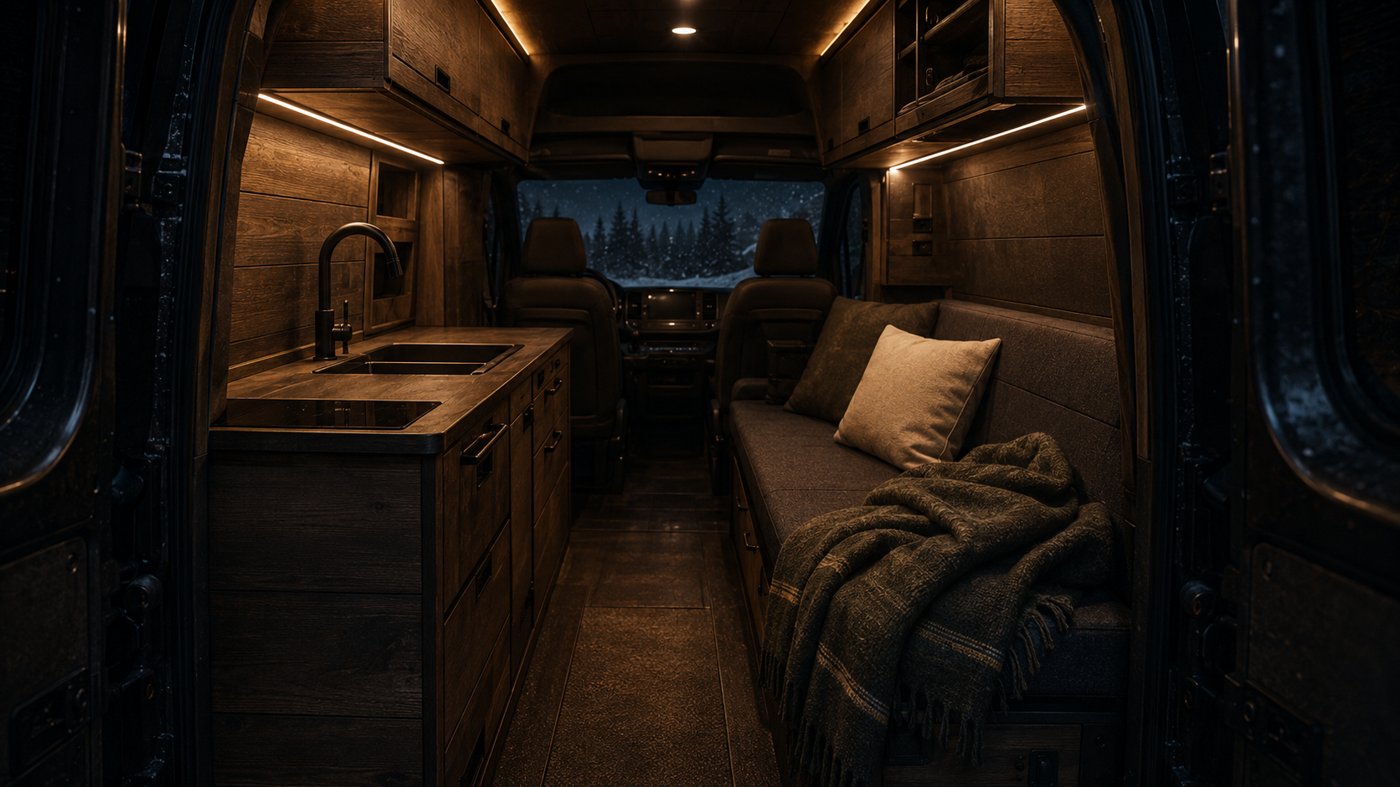 Inside the box van at night: warm LED lighting, wood-tone kitchen, bench with wool blankets