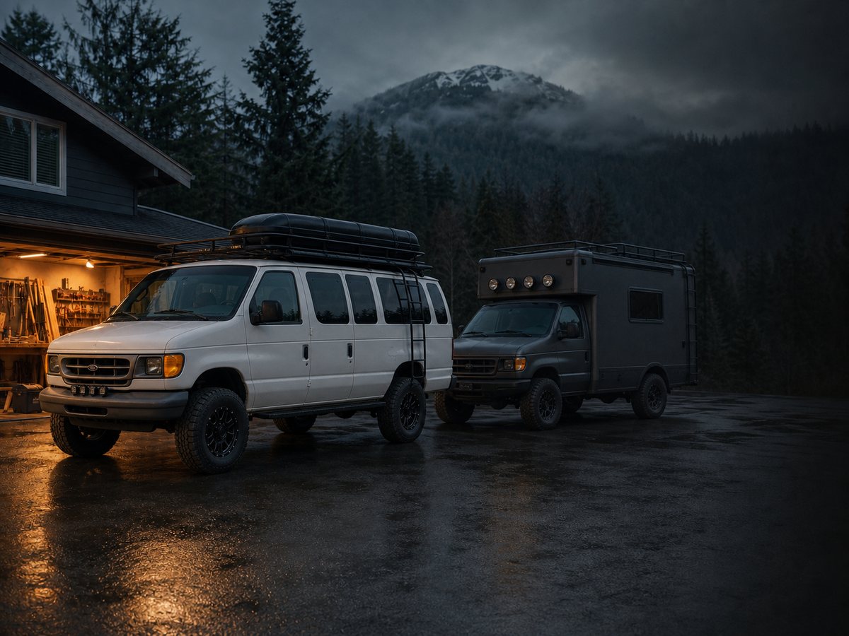 The two SimmVan rigs in the driveway at dusk, garage lit behind them
