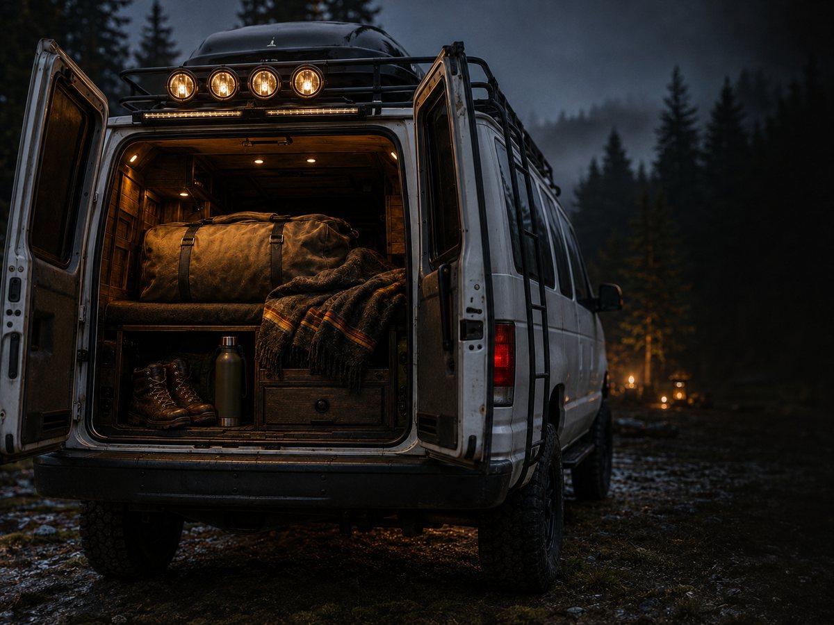 Duffel, blanket, and boots staged in the open rear doors of the van at dusk